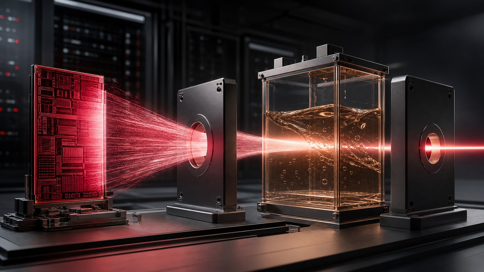 Editorial illustration of a red data-center processor beam passing through profit and cash gates.
