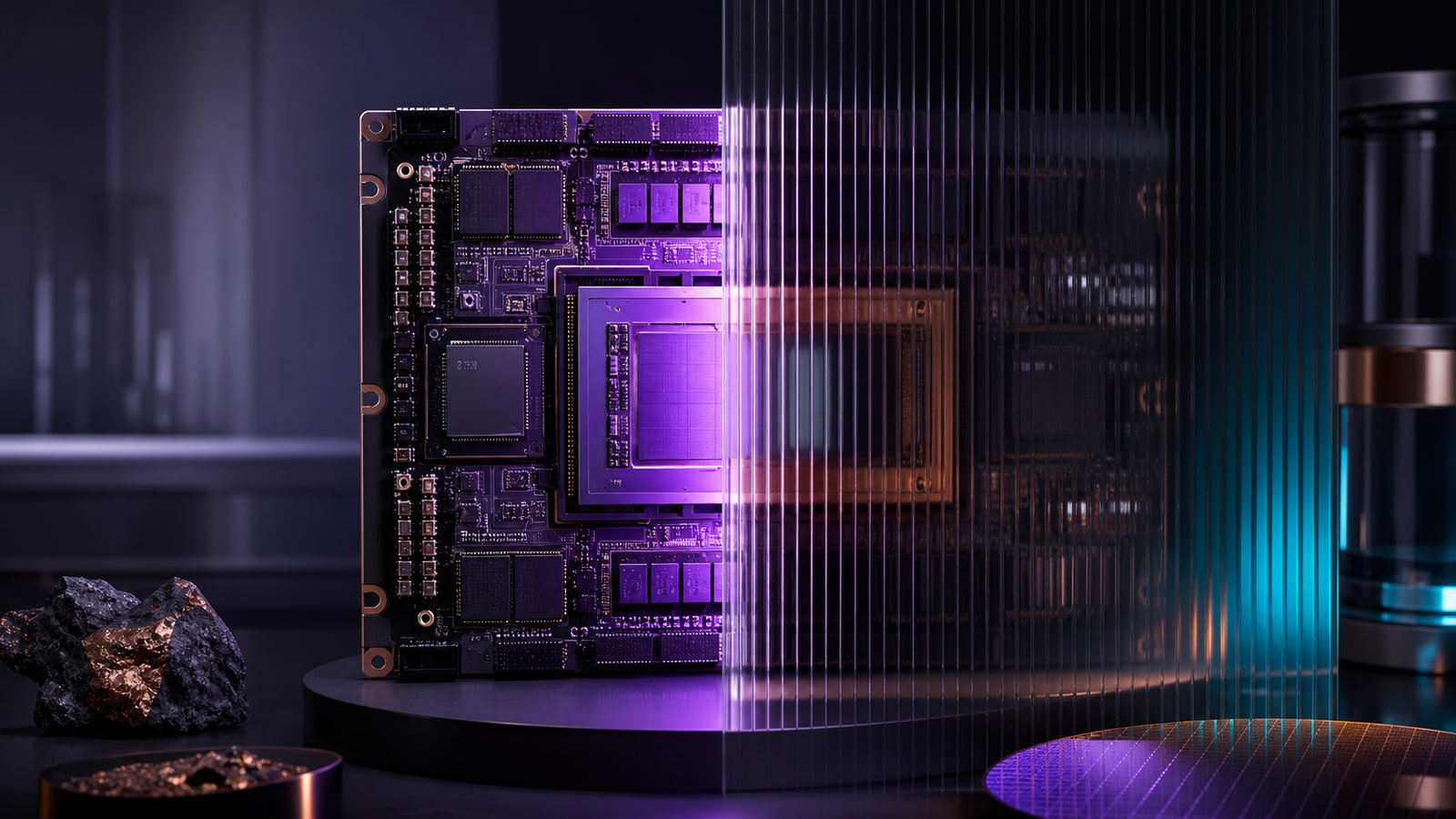 Editorial illustration of a semiconductor module half visible and half obscured behind ribbed glass.