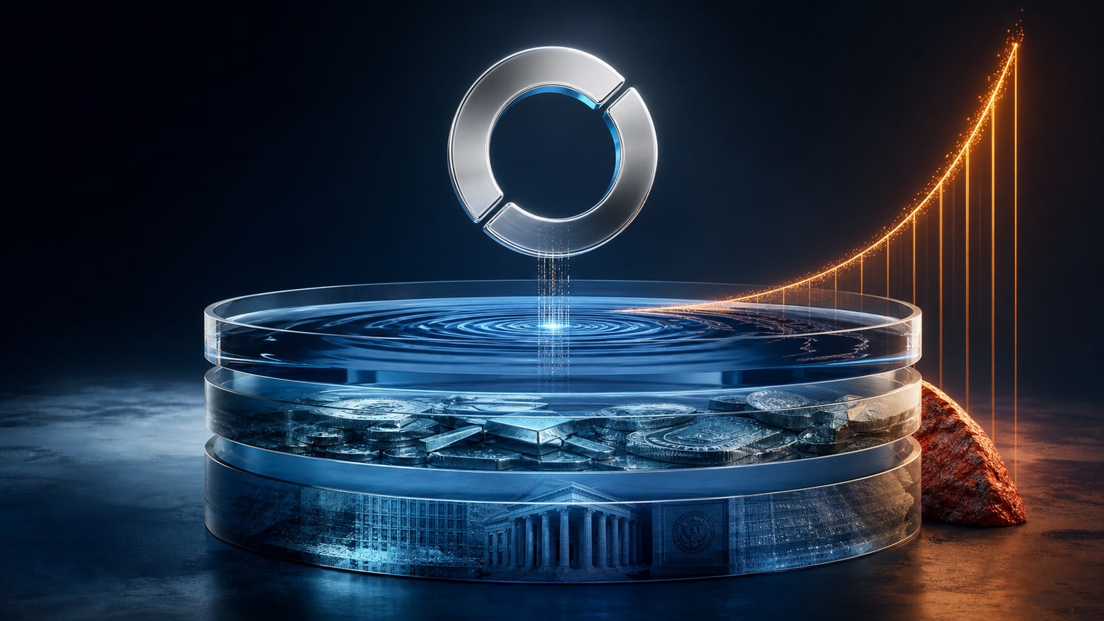 Editorial illustration of the Circle and USDC economic stack, from reserves to network adoption and shareholder earnings.