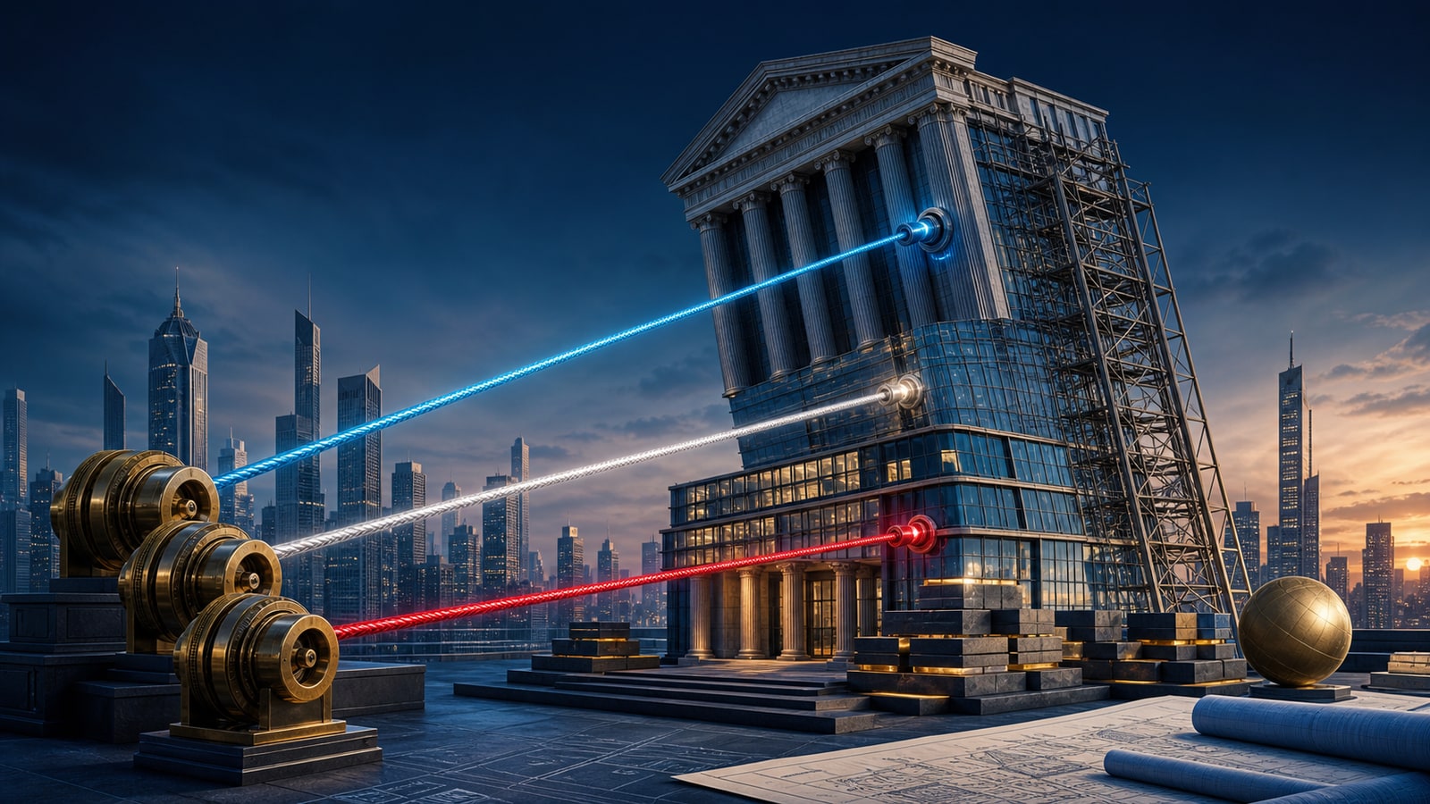 Editorial illustration of a global bank tower being stabilized by operating-performance cables.