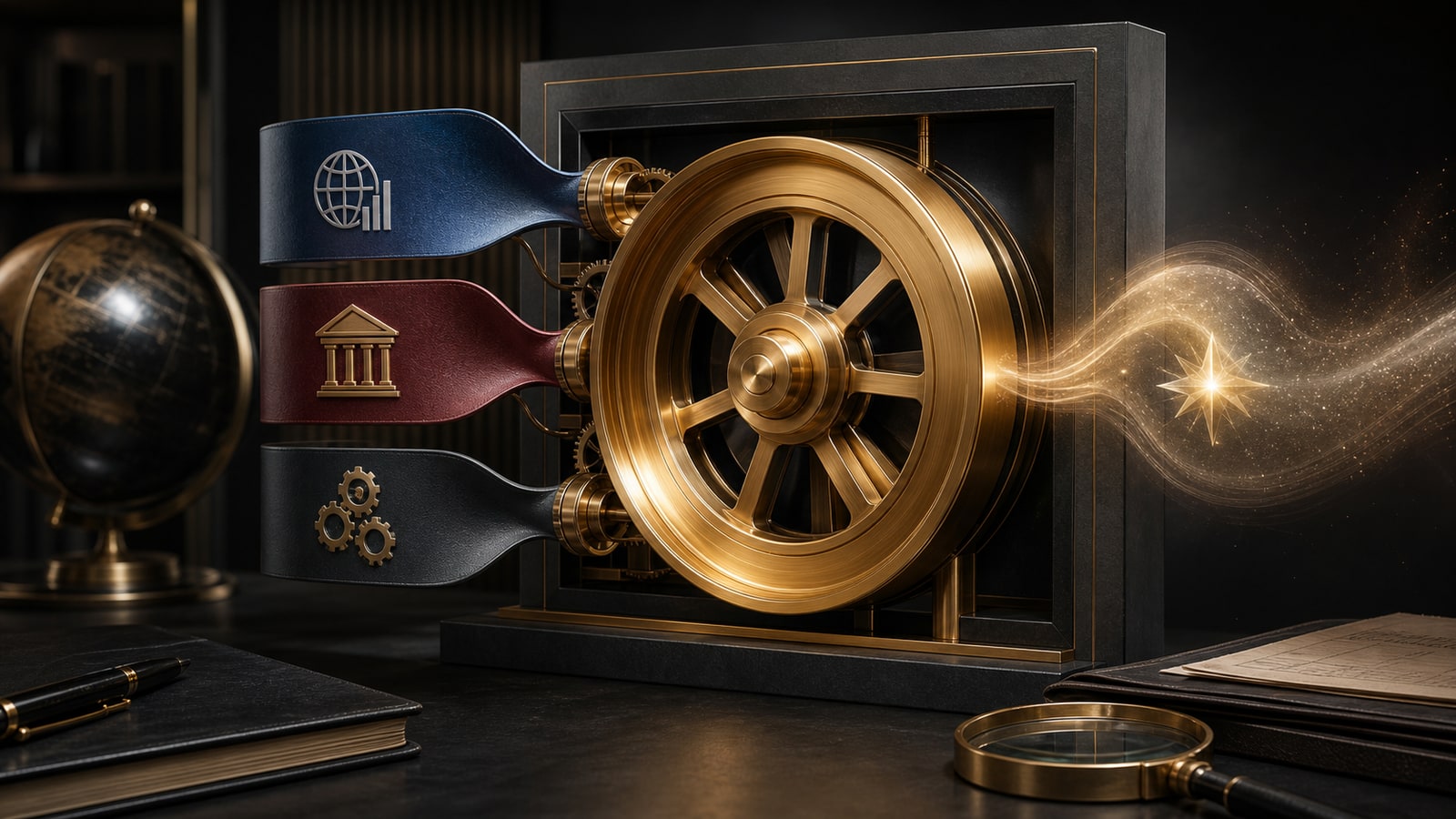 Editorial illustration of a gold return flywheel fed by several capital-market engines.