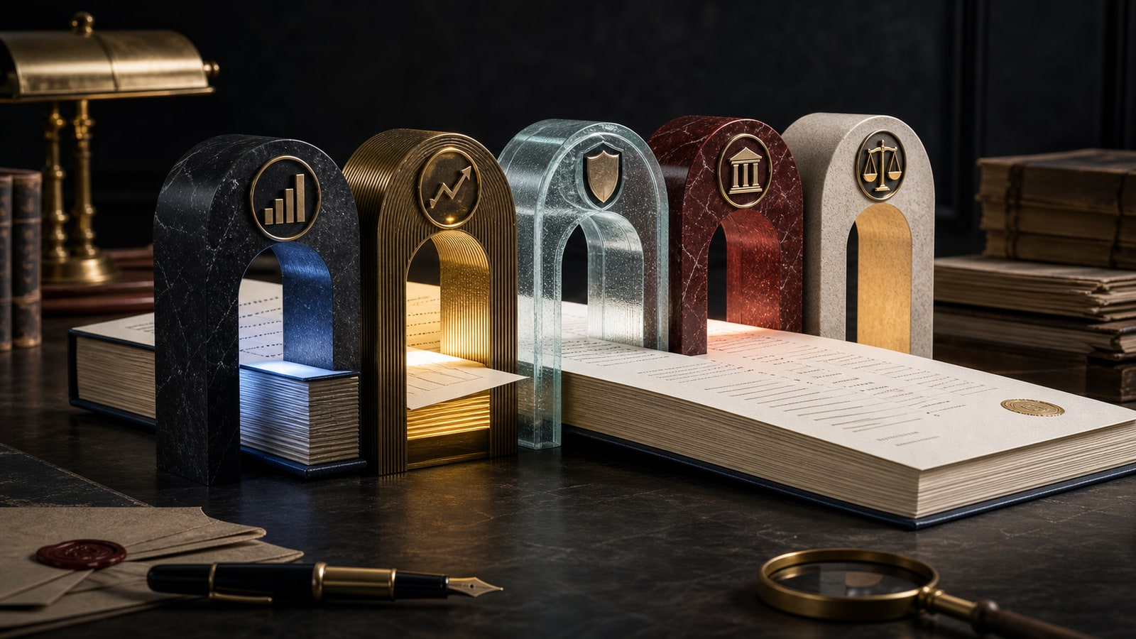 Editorial illustration of an earnings ledger passing through five bank-analysis gates.