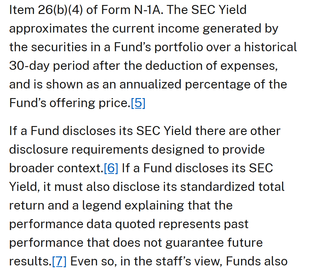 SEC staff description of the standardized SEC yield and the requirement to show total return alongside it