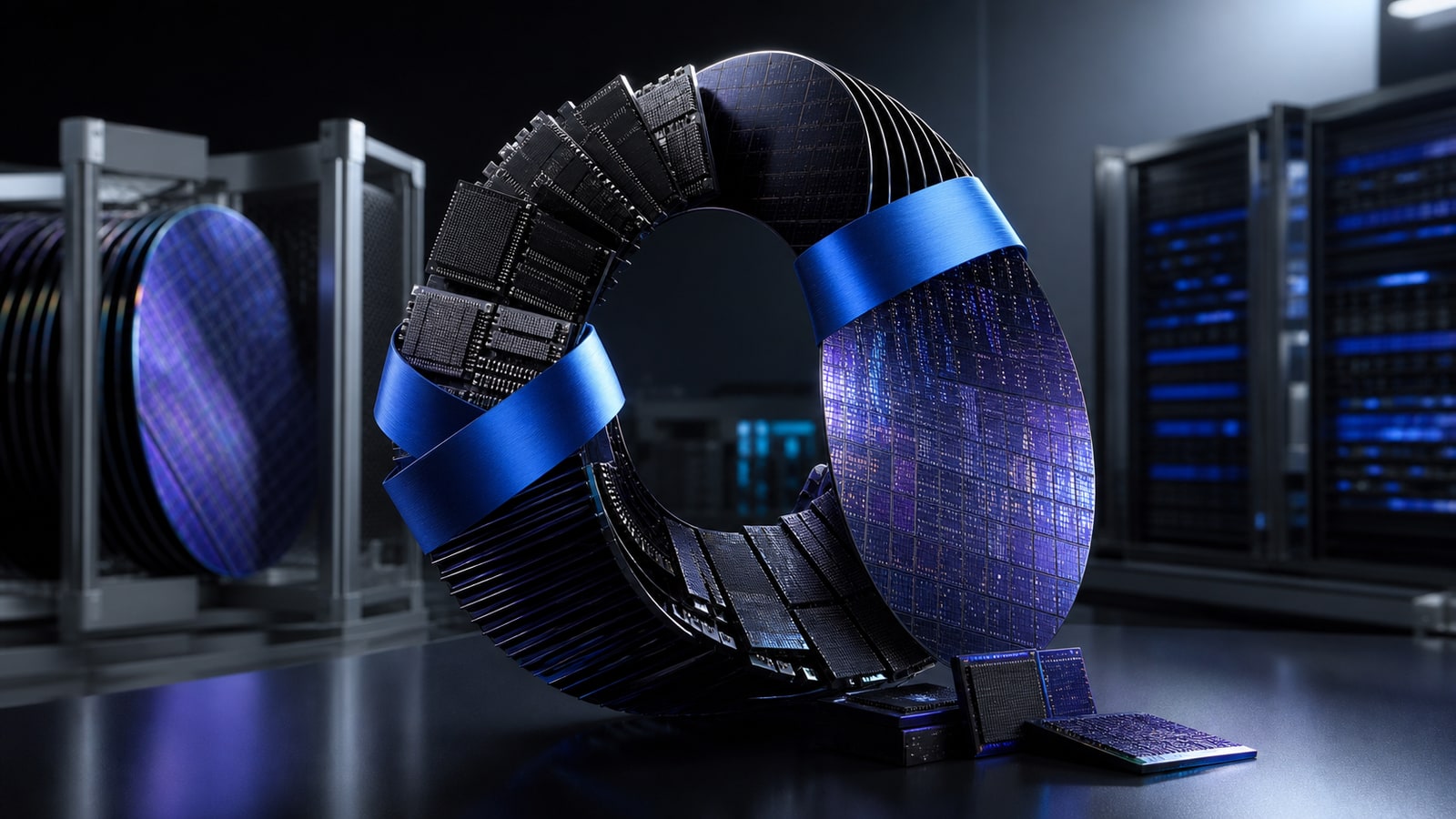 Editorial illustration of memory wafers held in a stable cycle by blue contract bands.