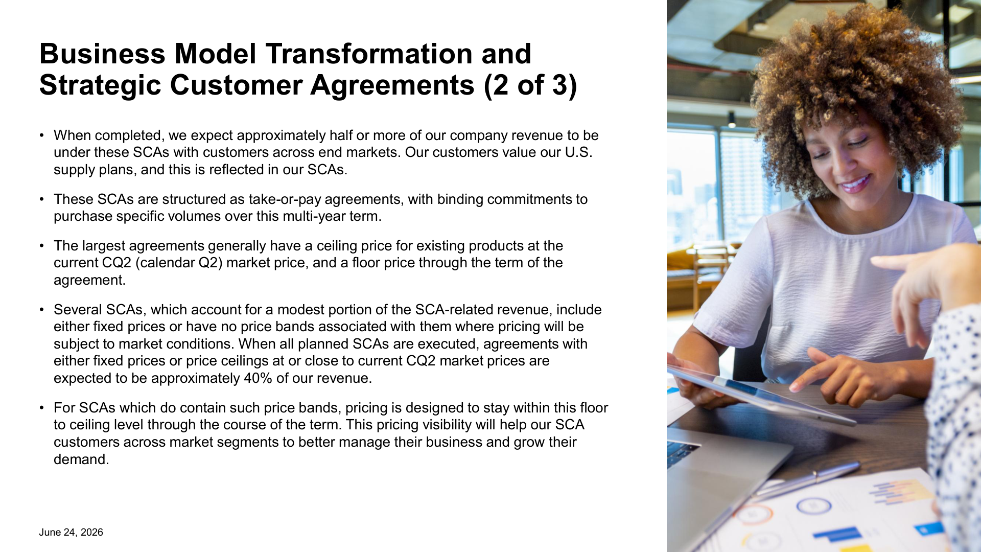 Official Micron slide explaining take-or-pay terms, price floors, price ceilings, and the goal of placing half or more of company revenue under strategic customer agreements