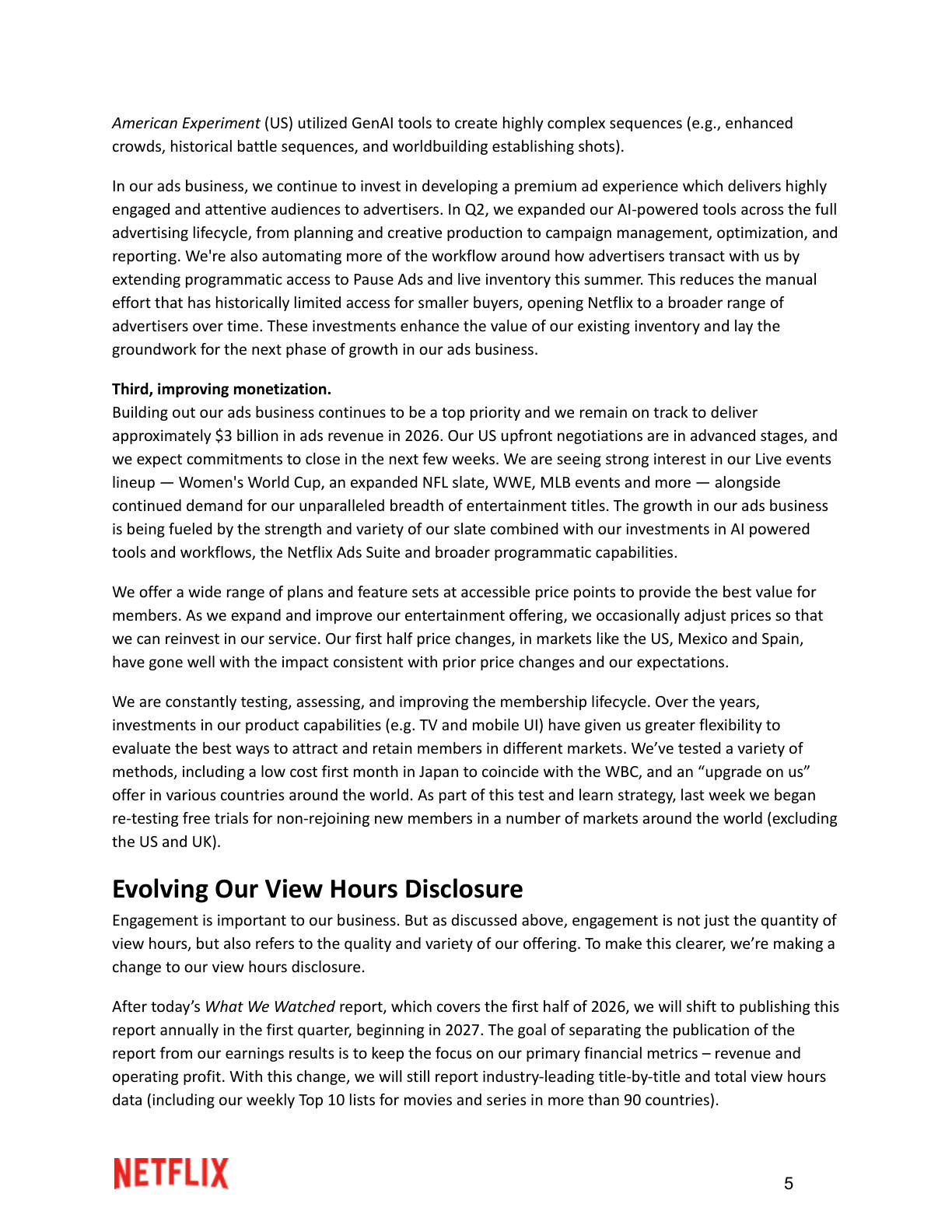 Official Netflix paragraphs on the ads outlook and annual view-hours disclosure