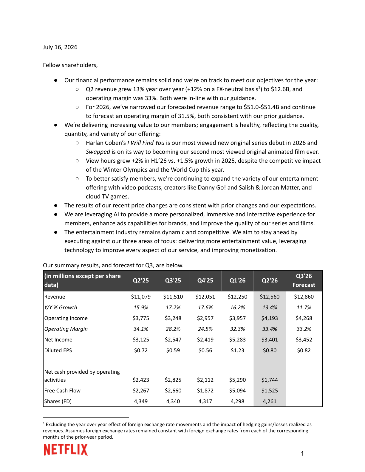 Official Netflix Q2 2026 summary table with revenue, operating income, margin, and free cash flow