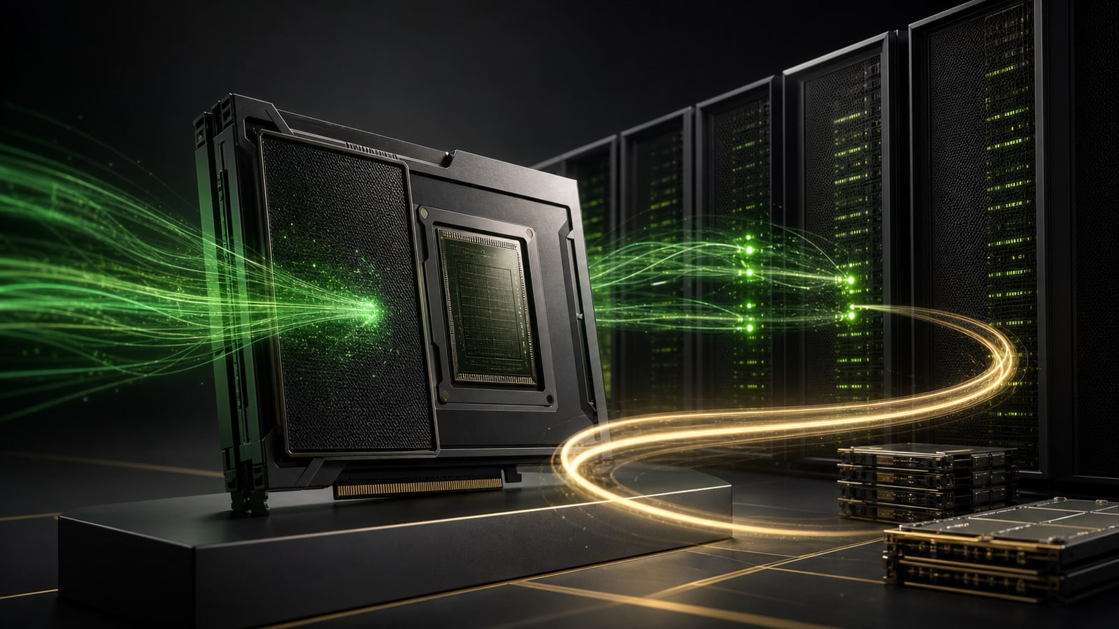 Editorial illustration of an AI accelerator feeding server racks while a gold cash loop returns to new hardware.