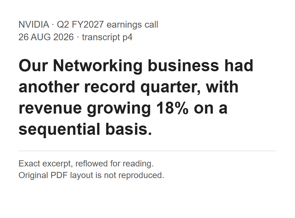 Exact networking-growth sentence from Nvidia's Q2 FY2027 earnings call, reflowed for readability
