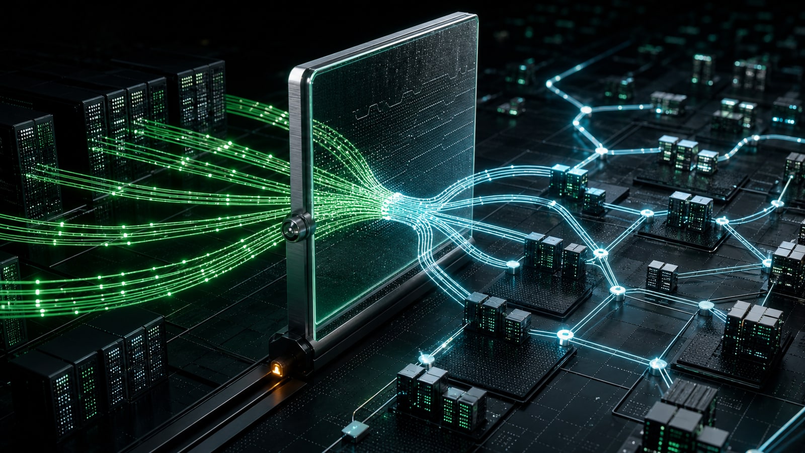 Editorial illustration of green network traffic passing through a shifting reporting map.