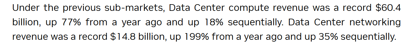 NVIDIA Q1 FY2027 source statement reporting $60.4B of Data Center compute revenue and $14.8B of Data Center networking revenue