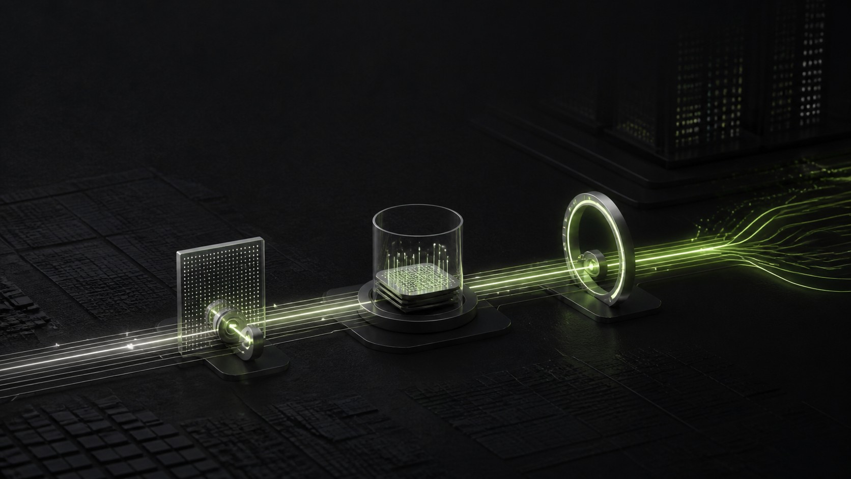Text-free editorial illustration of a semiconductor circuit moving through three luminous checkpoints.