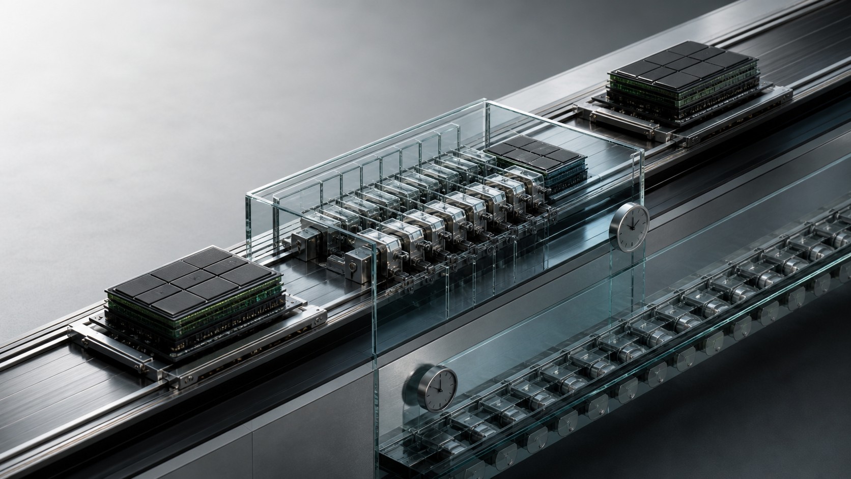 Text-free editorial image of identical memory modules moving on parallel market rails through a transparent conversion bridge.