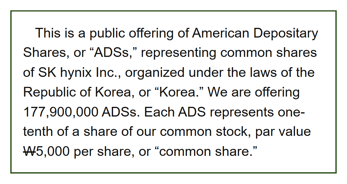 Official SK hynix prospectus excerpt stating that 177.9M ADSs were offered and 1 ADS represents 0.1 common share