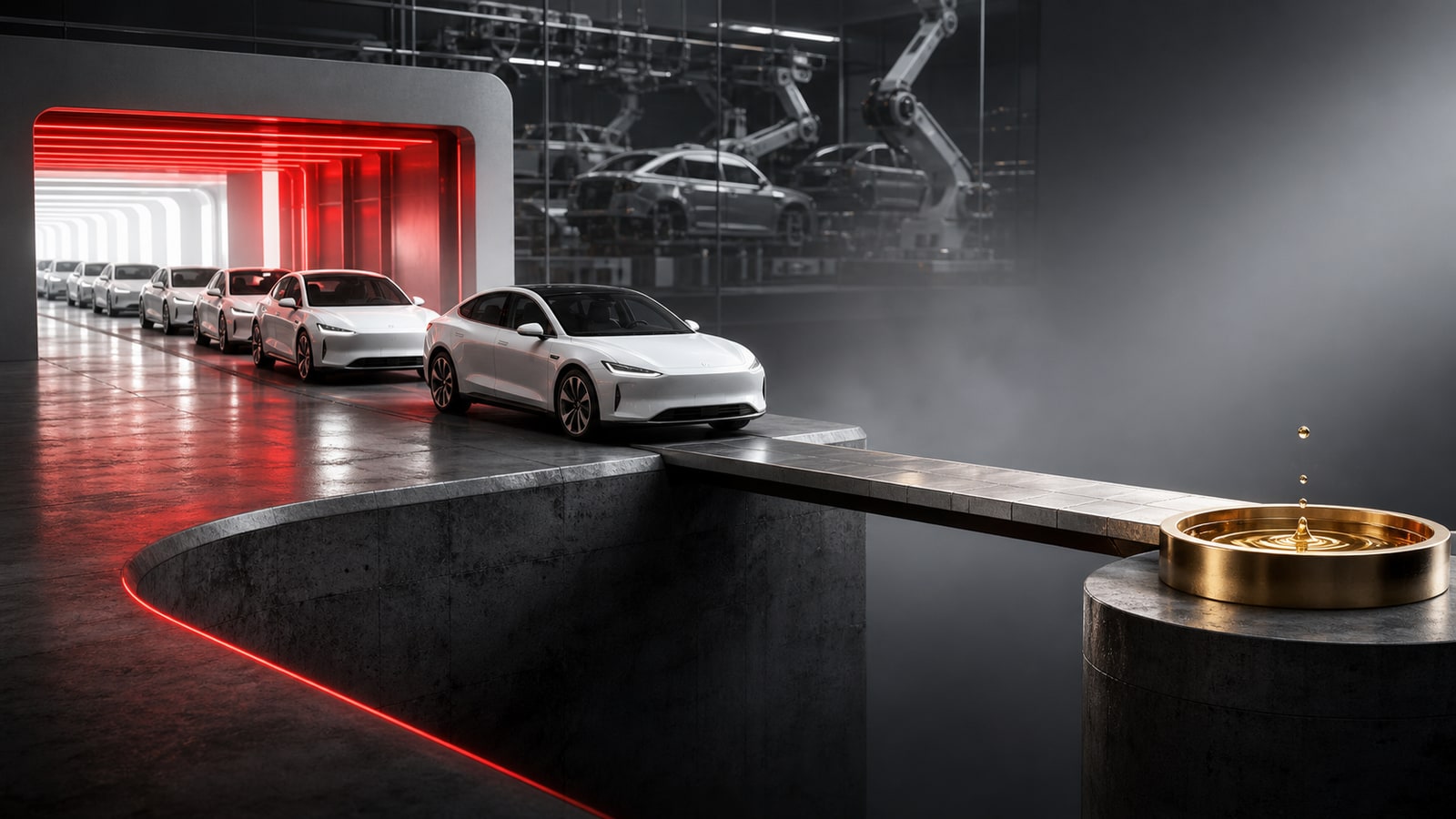 Editorial illustration of unbranded electric cars crossing the gap between deliveries and cash.