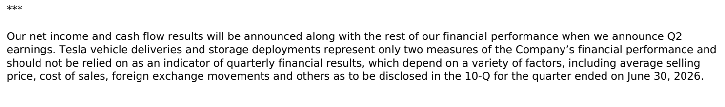 Official Tesla warning that deliveries do not indicate quarterly financial results